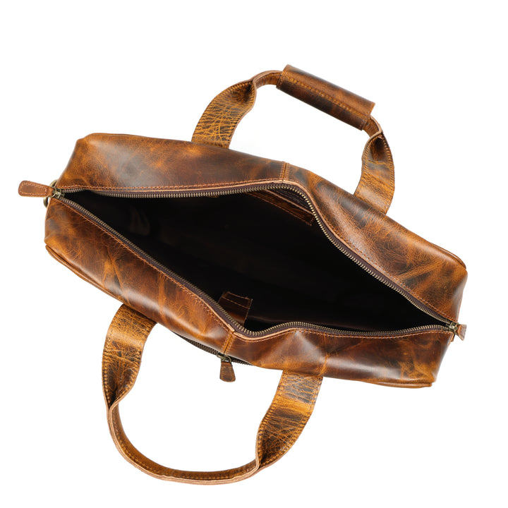 Brown leather duffel bag on a white background