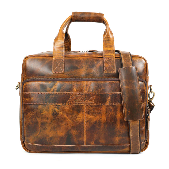 Brown leather briefcase on a white background