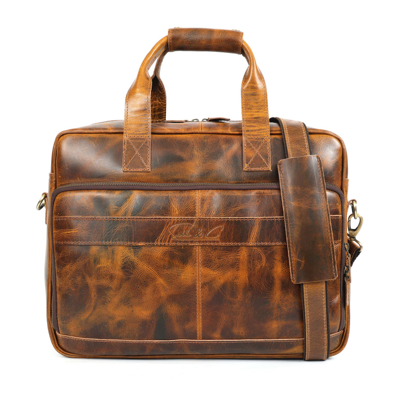 Brown leather briefcase on a white background