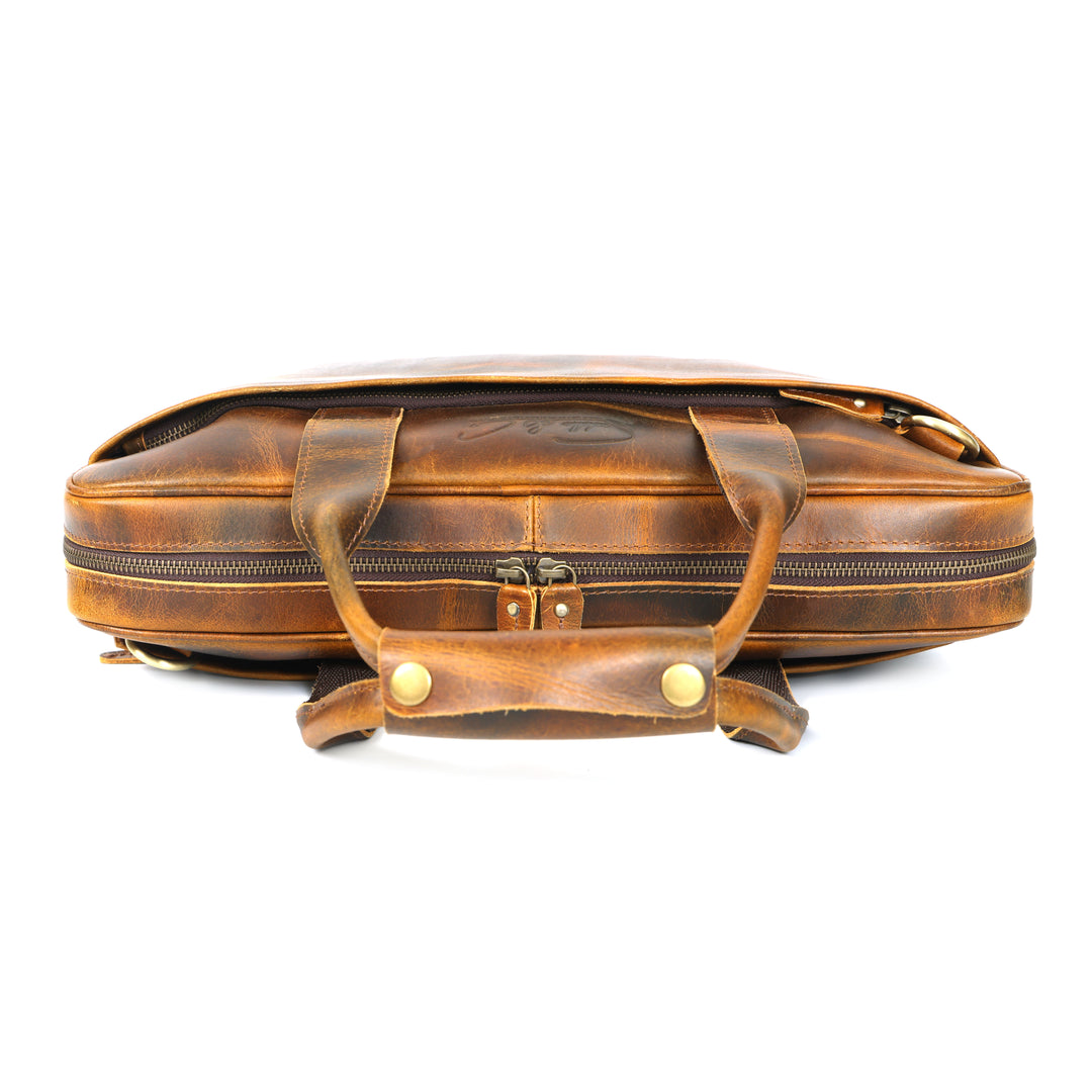 Brown leather briefcase on a white background