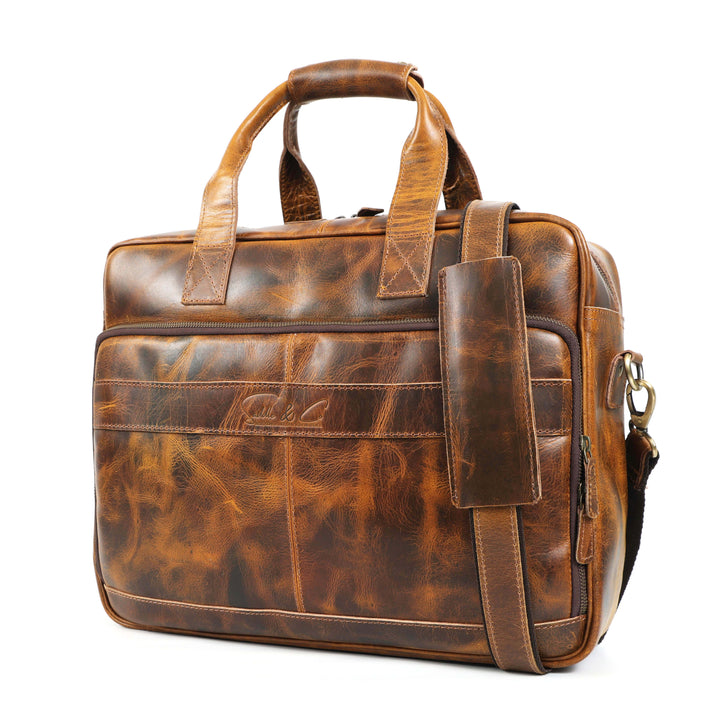 Brown leather briefcase on a white background