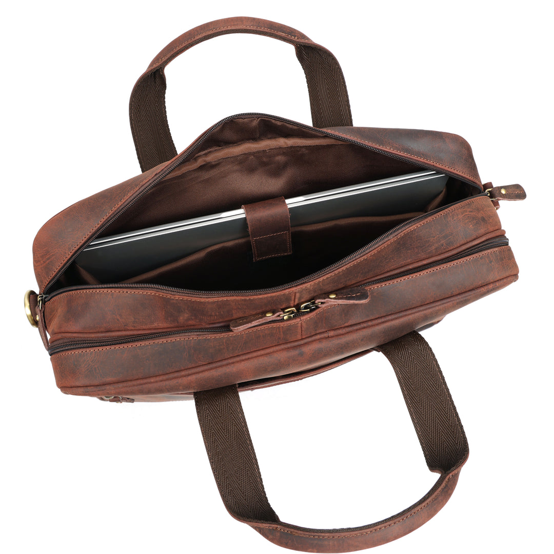 Brown leather briefcase with a laptop inside on a white background