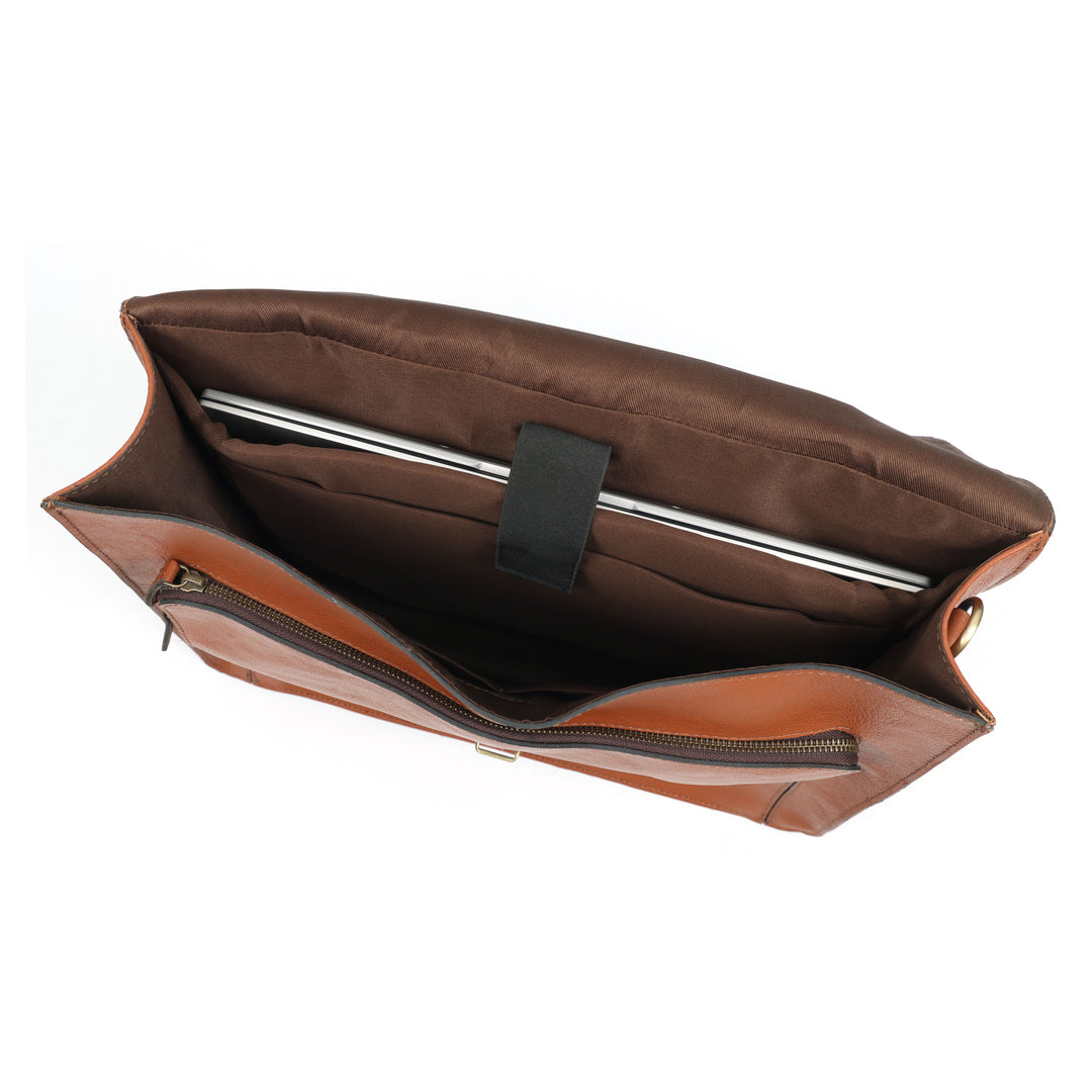 Brown leather clutch bag with a white background