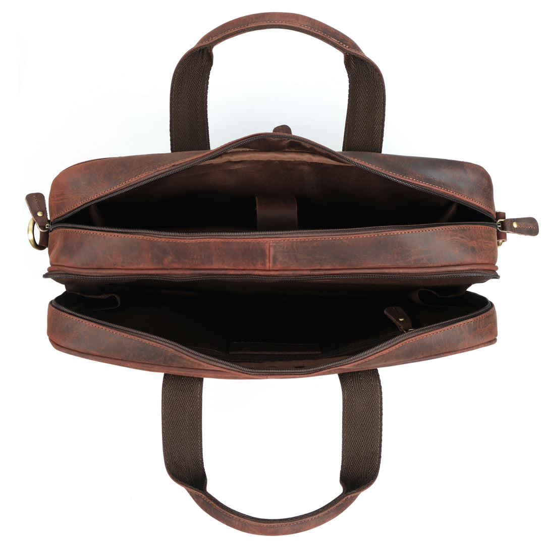 Brown leather briefcase on a white background