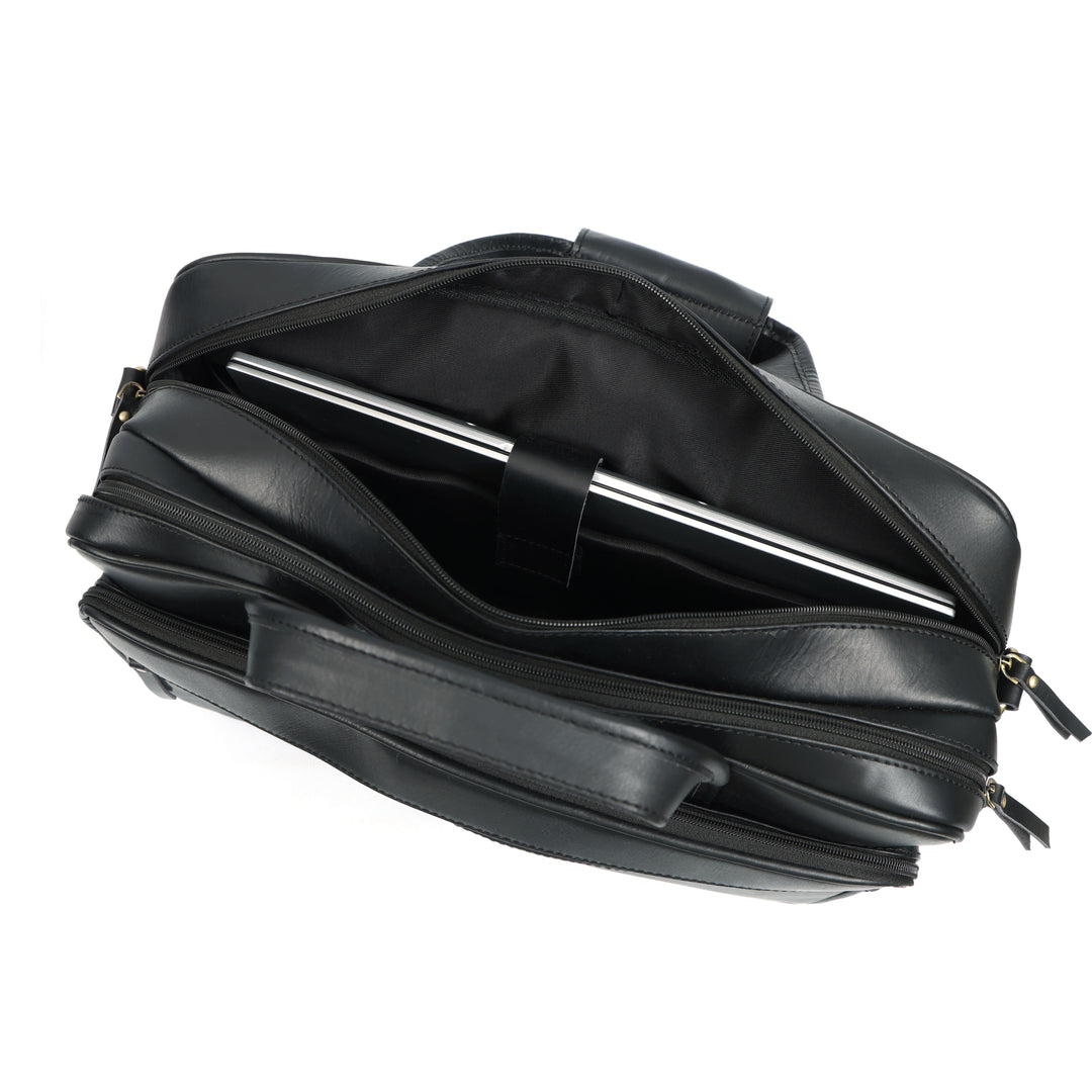 Black leather briefcase with a silver handle on a white background