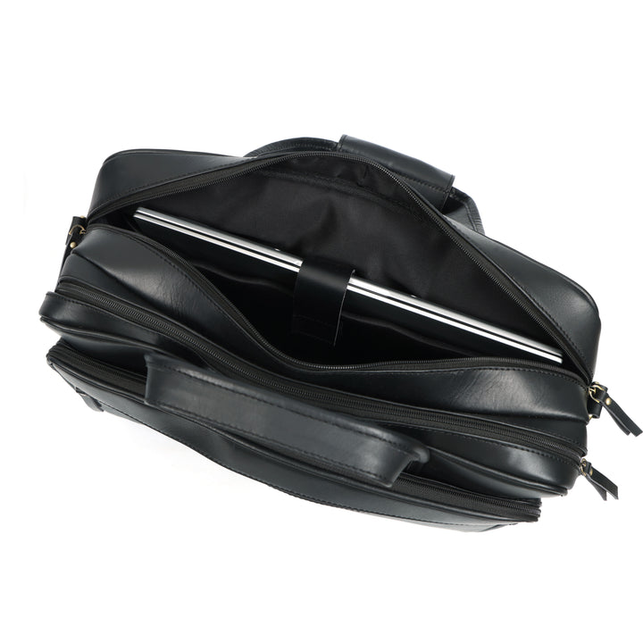 Black leather briefcase with a silver handle on a white background