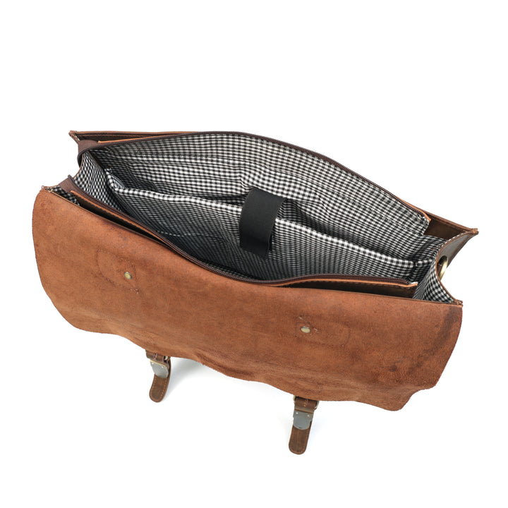 Brown leather bag with open top showing checkered interior on a white background
