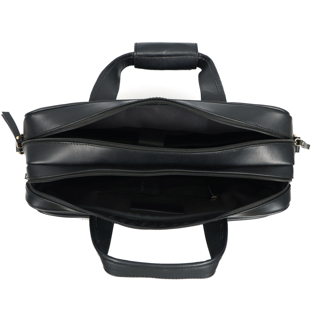 Black leather briefcase on a white background