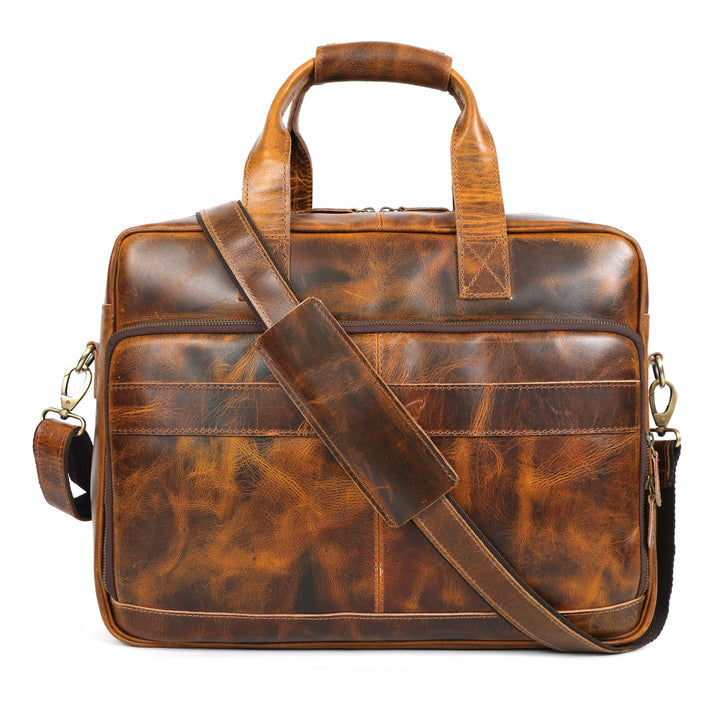 Brown leather briefcase with a shoulder strap on a white background