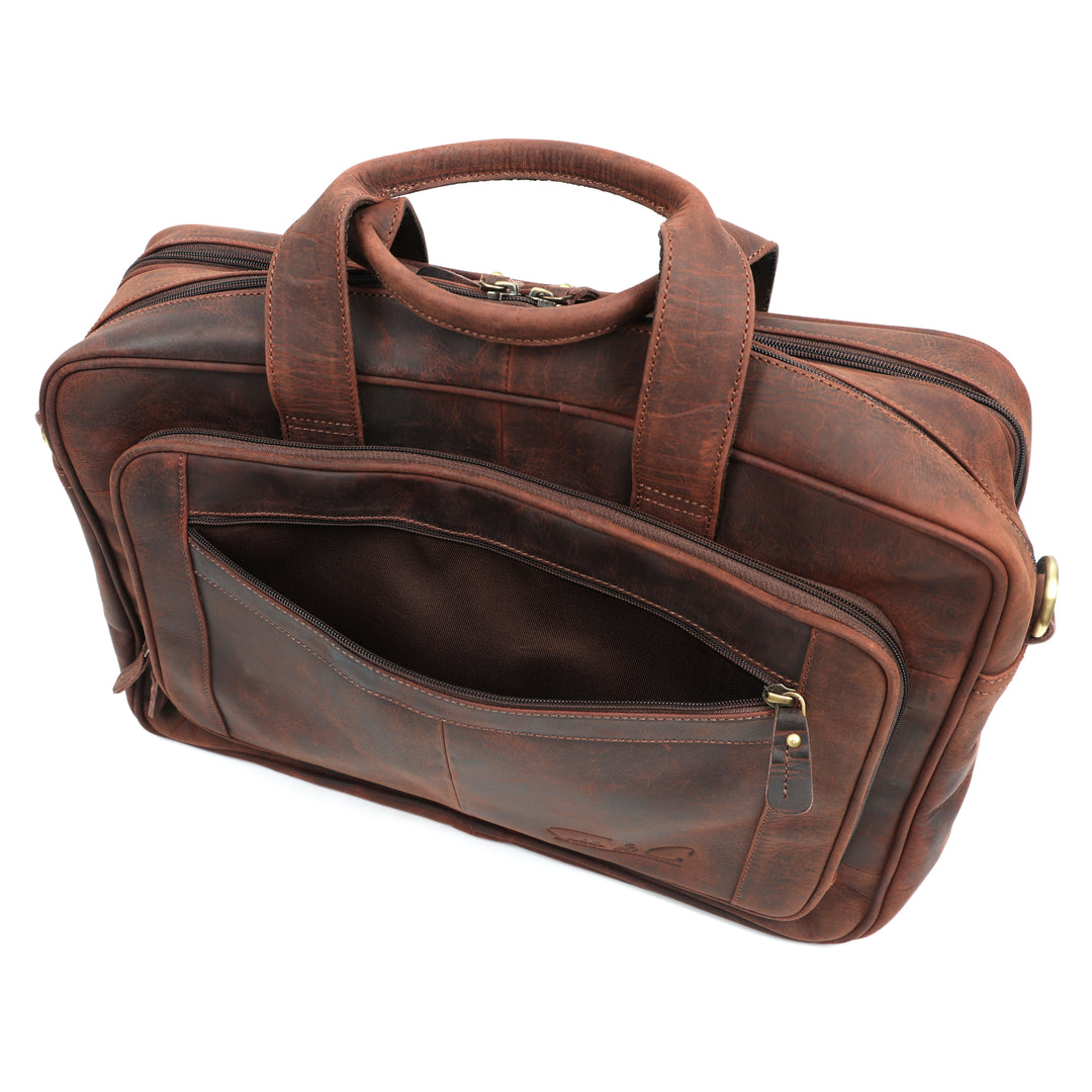 Brown leather briefcase on a white background