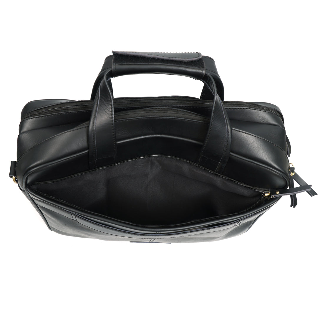 Black leather briefcase on a white background