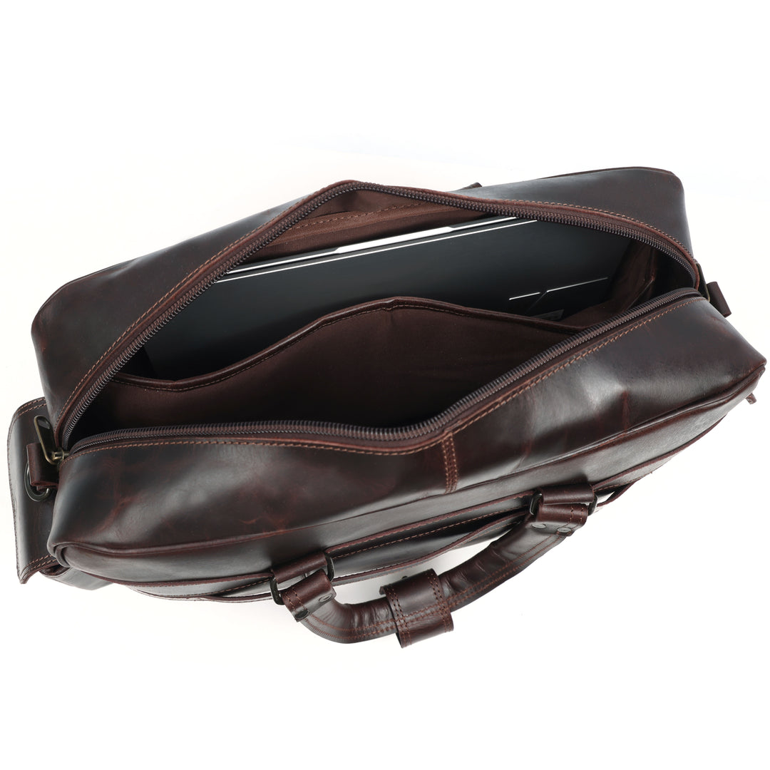 Brown leather briefcase on a white background