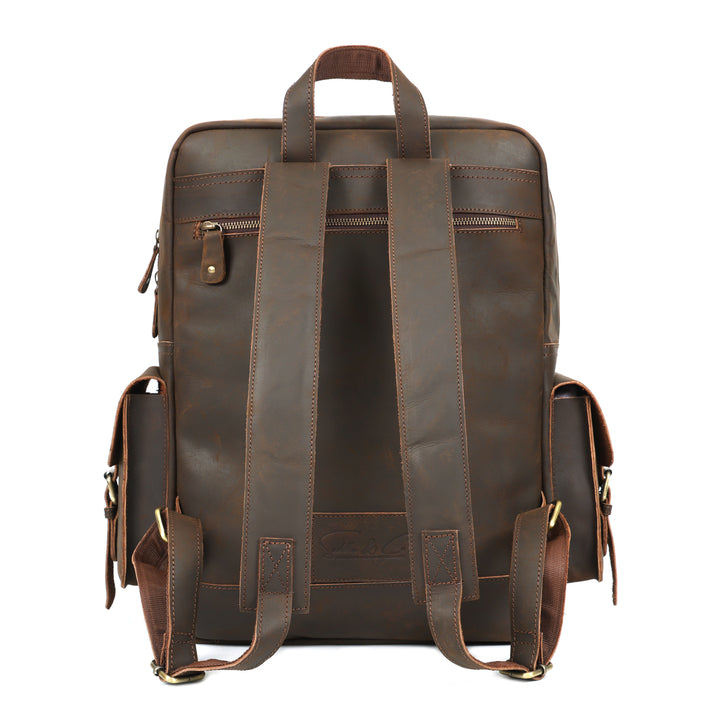 Brown leather backpack on a white background