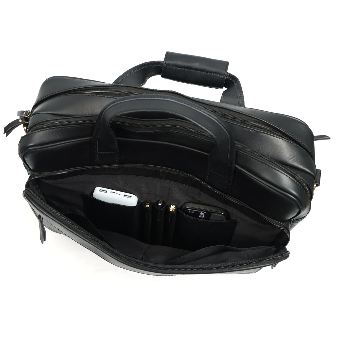 Black leather briefcase with interior compartments on a white background