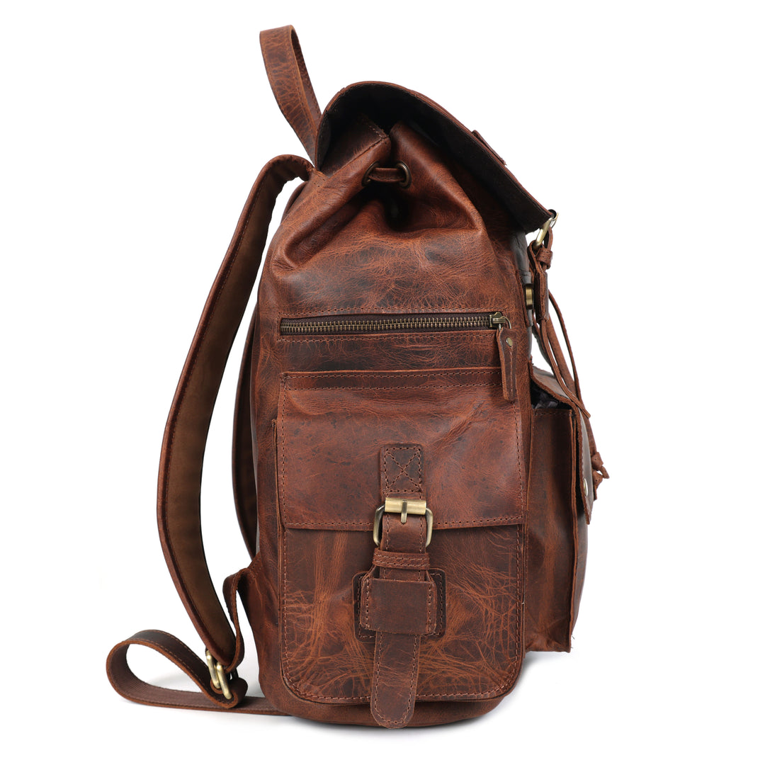 Brown leather backpack on a white background