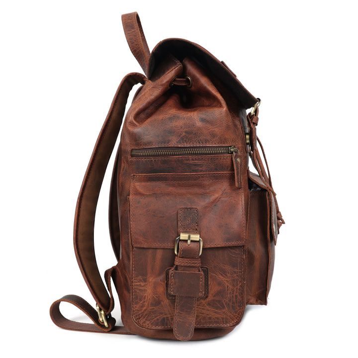 Brown leather backpack on a white background