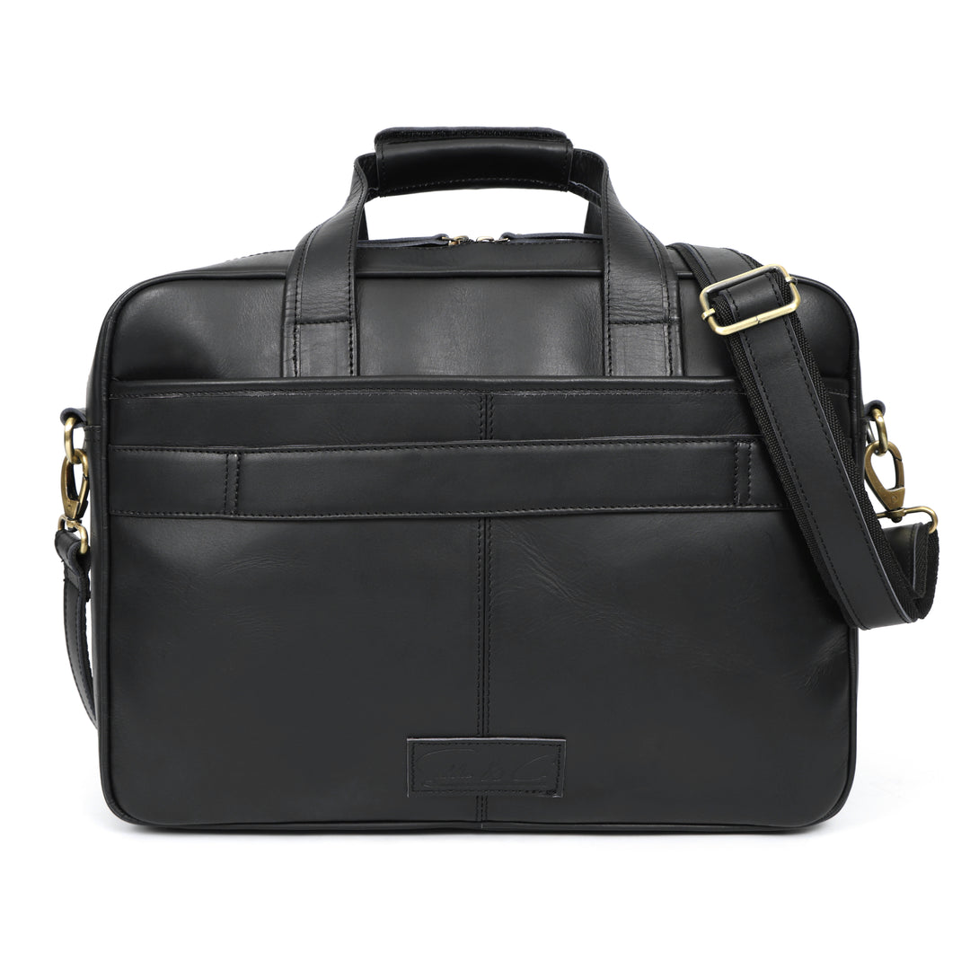 Black leather briefcase with a shoulder strap on a white background