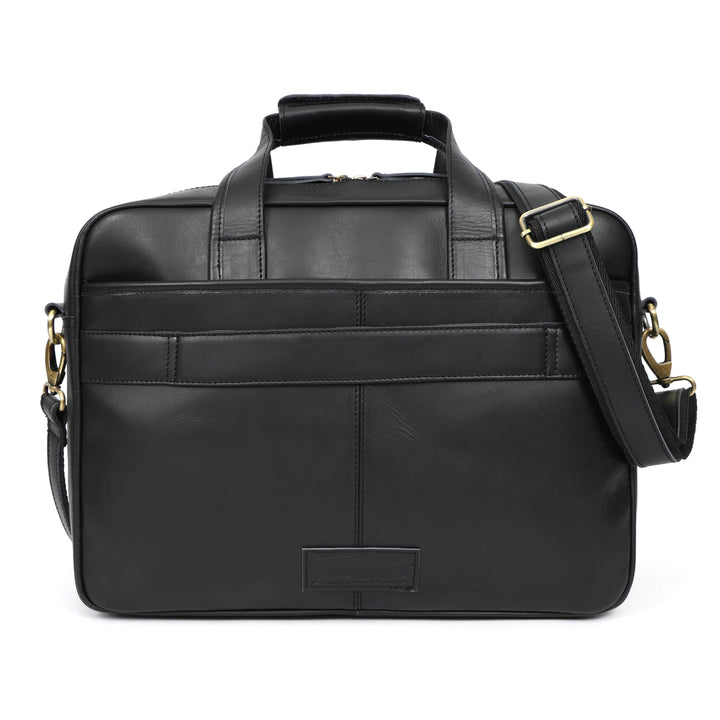 Black leather briefcase with a shoulder strap on a white background