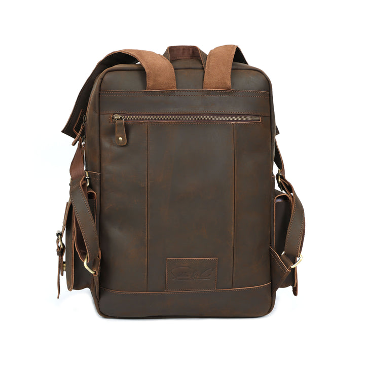 Brown leather backpack with brown straps on a white background