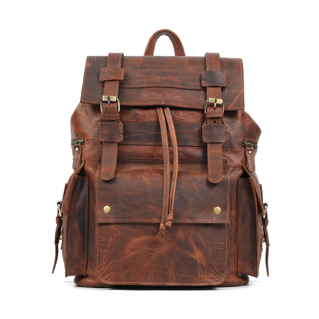 Brown leather backpack on a white background