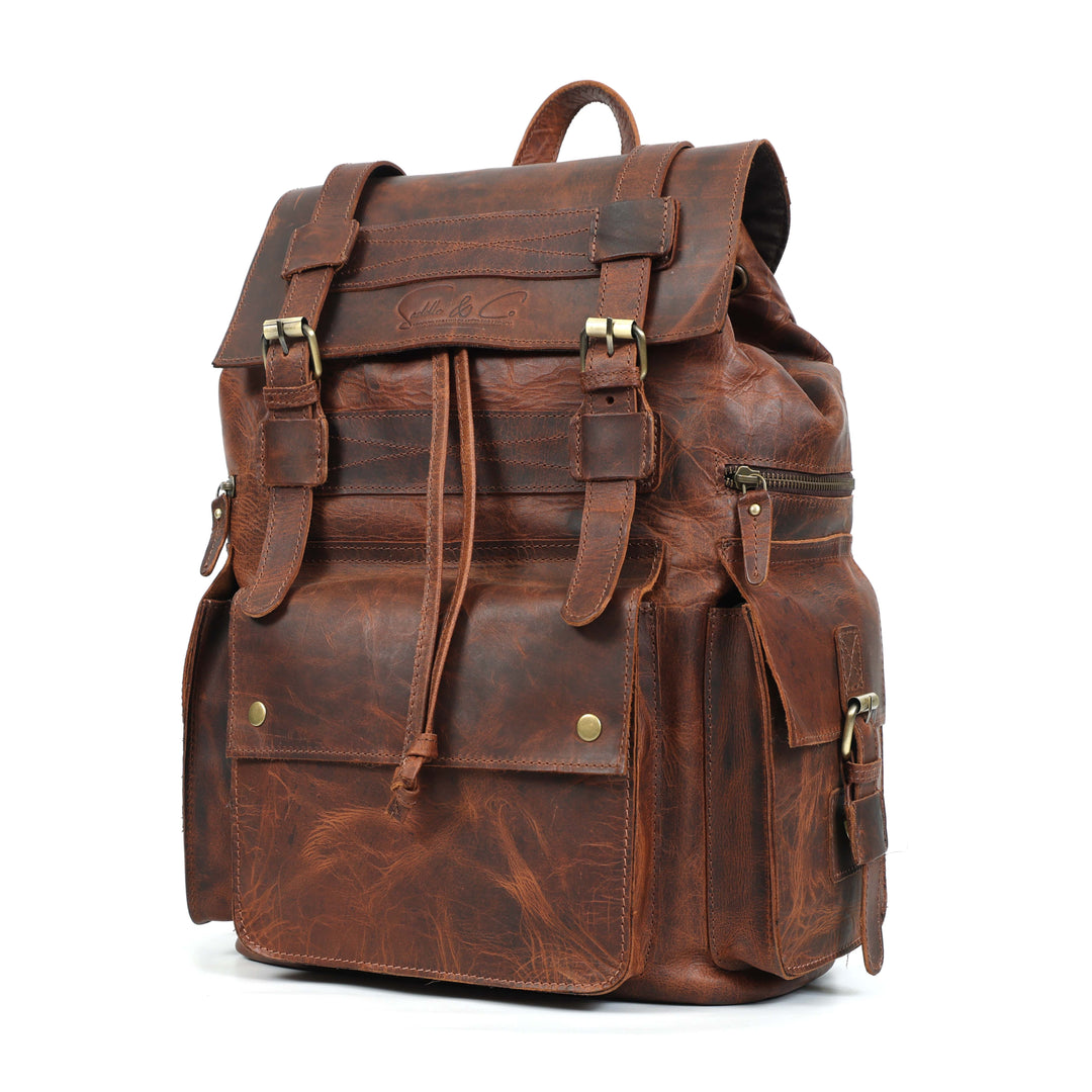 Brown leather backpack on a white background