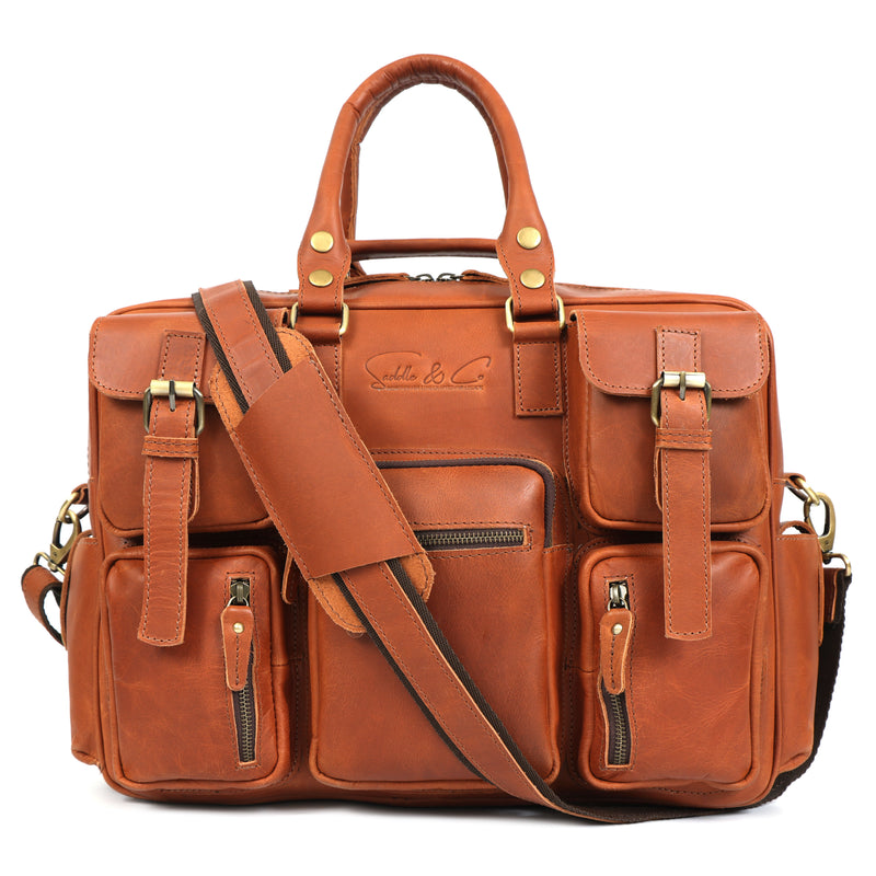 Brown leather briefcase with multiple pockets and straps on a white background