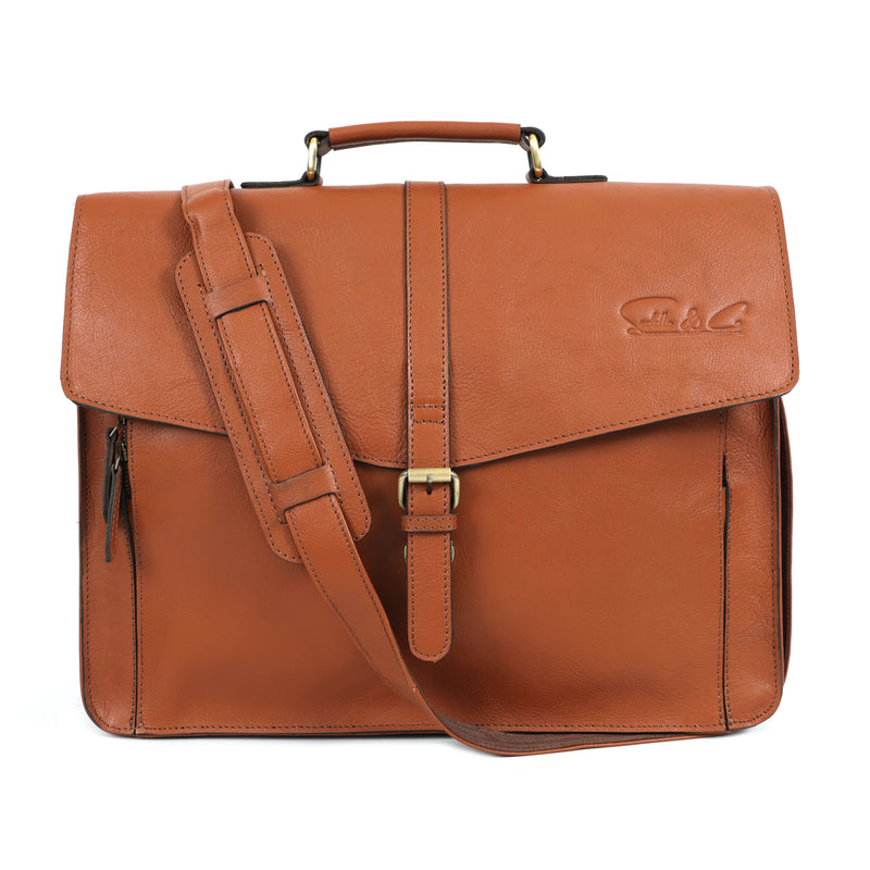 Brown leather briefcase with shoulder strap on a white background