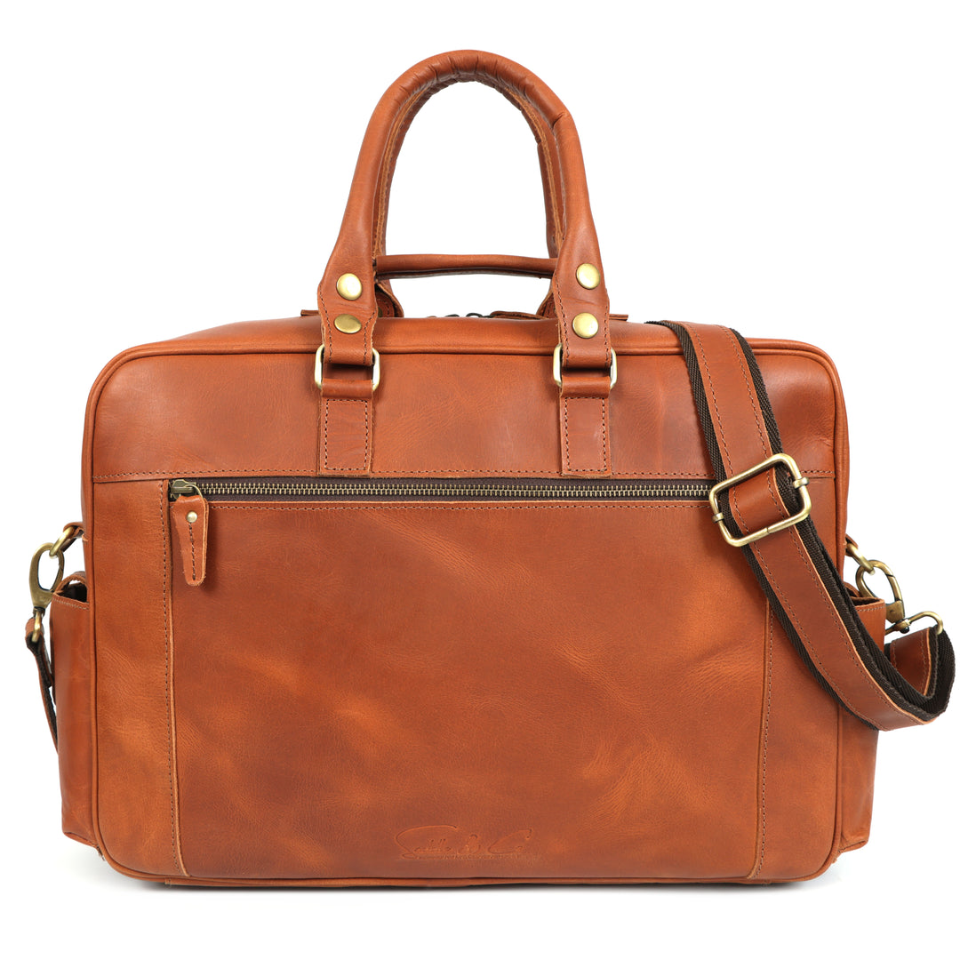 Brown leather briefcase with a shoulder strap on a white background