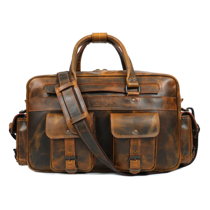 Brown leather briefcase with shoulder strap on a white background