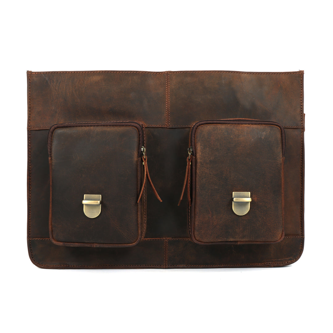 Brown leather pouch with two pockets and metal clasps on a white background