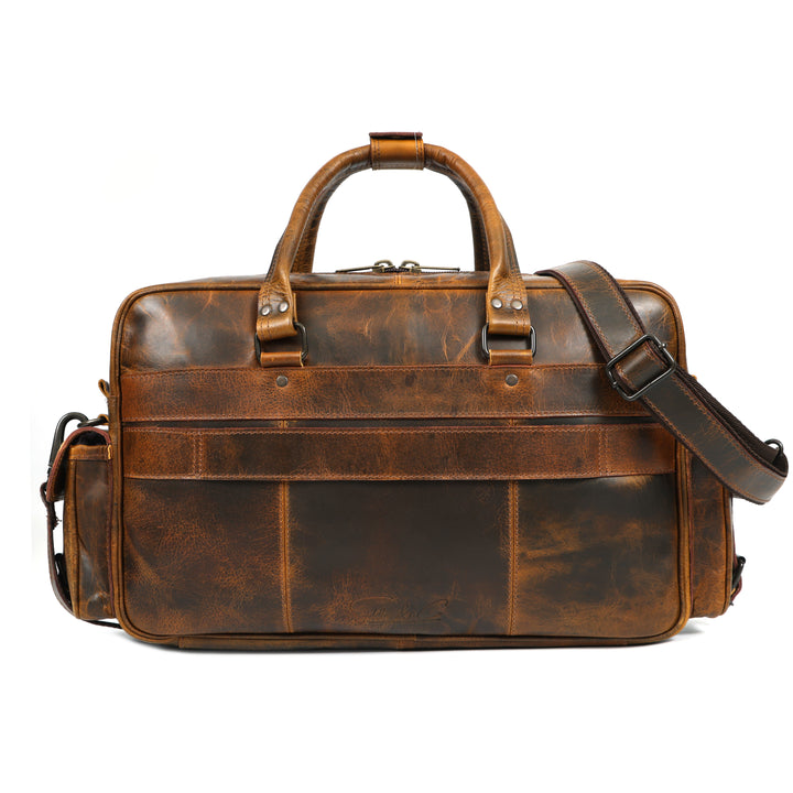 Brown leather briefcase with shoulder strap on a white background