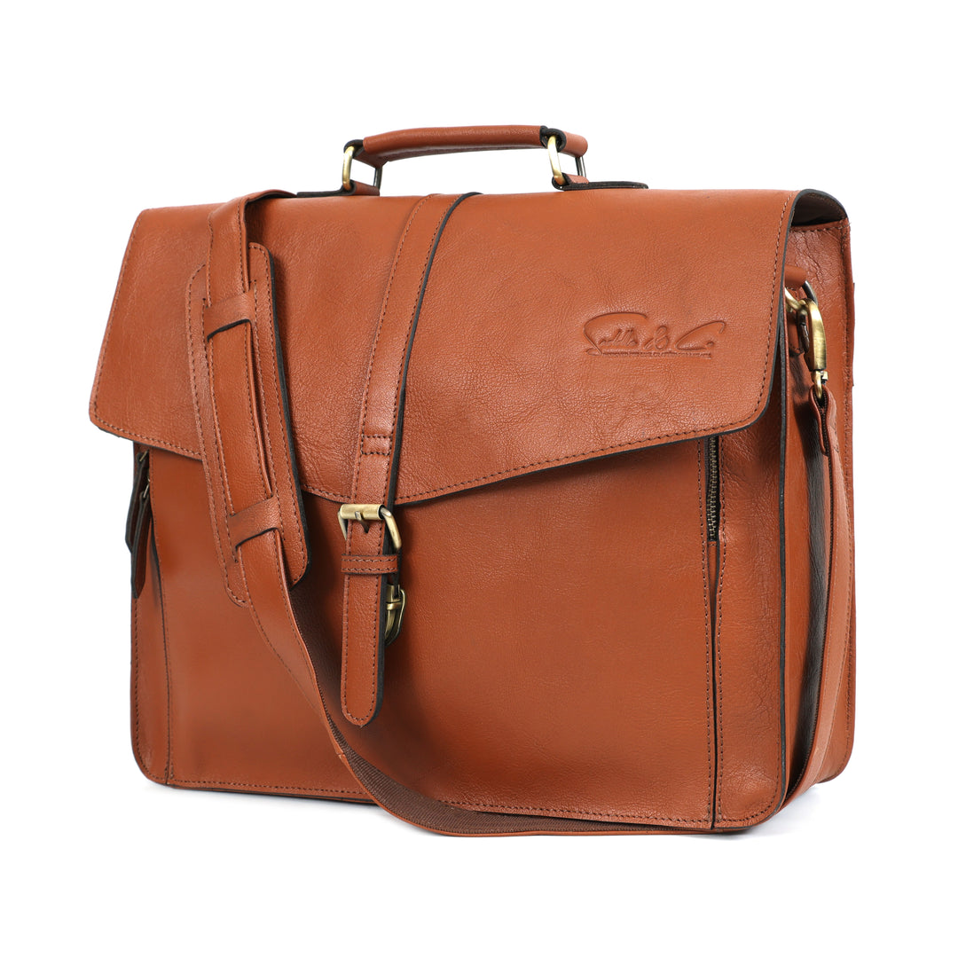 Brown leather satchel bag on a white background