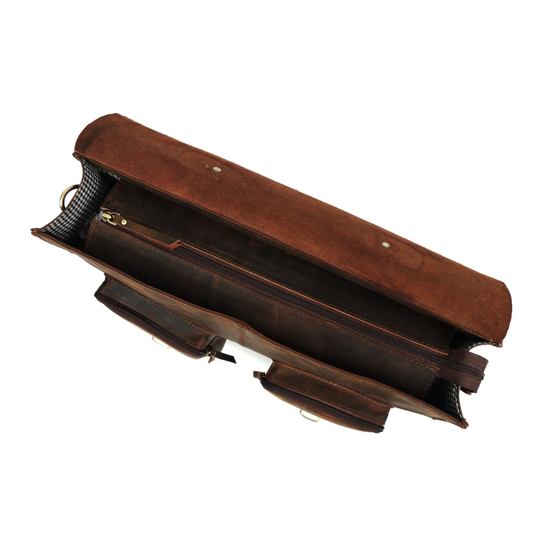 Brown leather briefcase on a white background