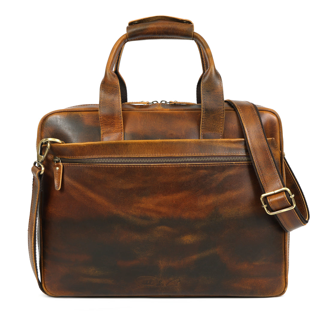Brown leather briefcase with shoulder strap on a white background