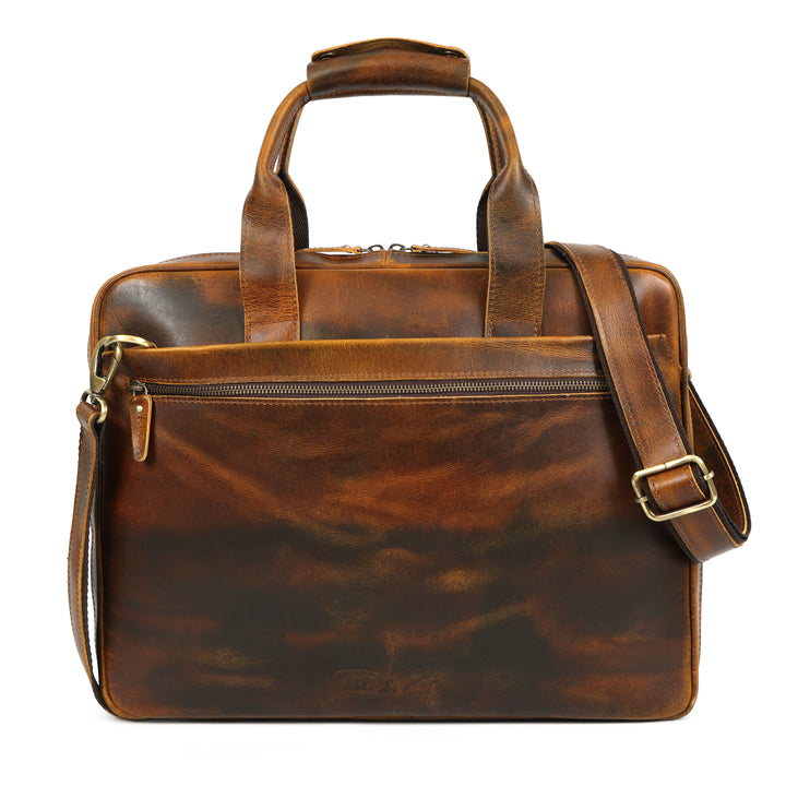 Brown leather briefcase with shoulder strap on a white background
