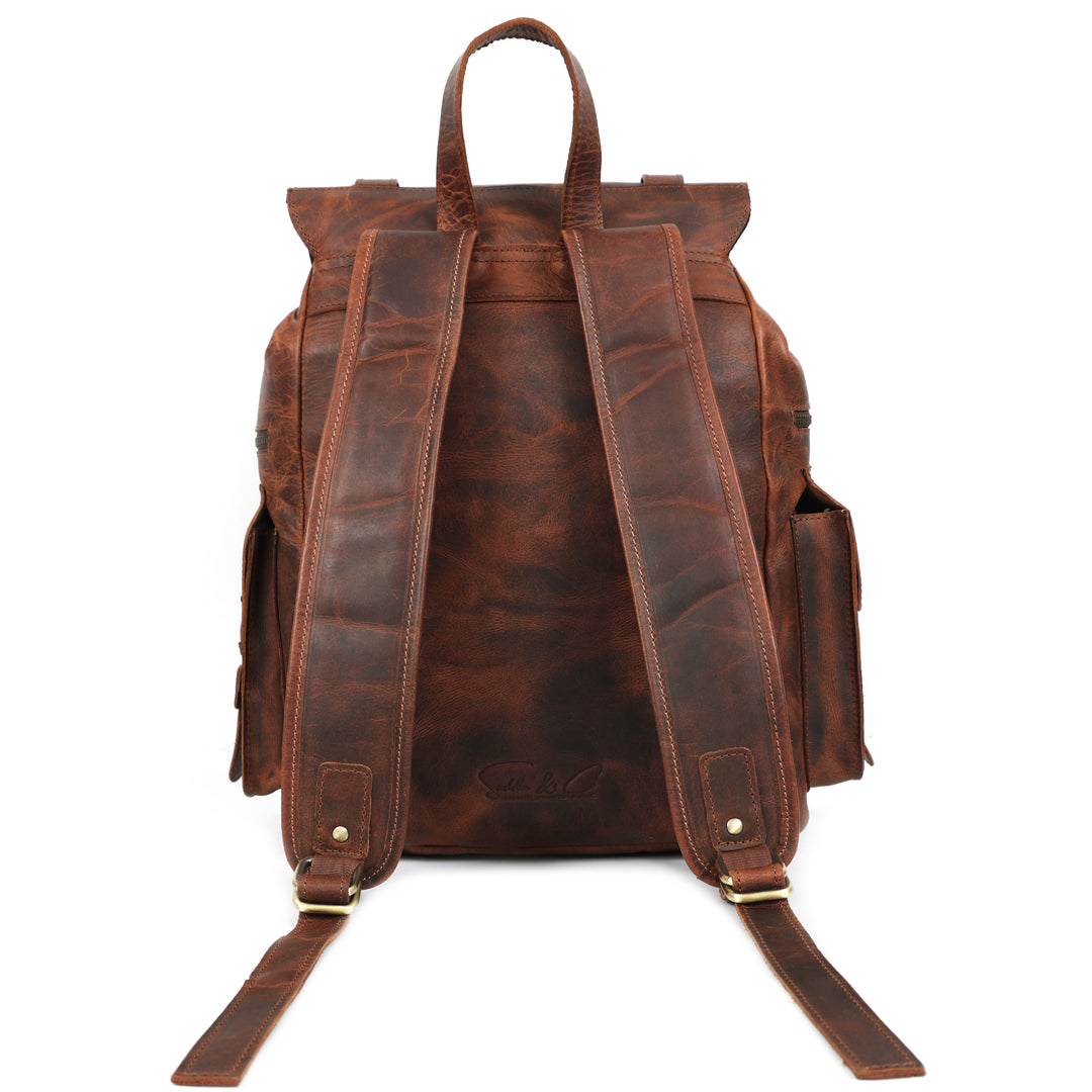 Brown leather backpack on a white background