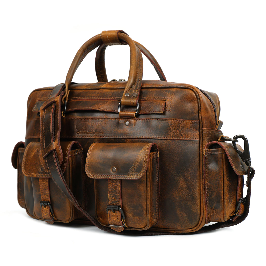Brown leather duffel bag with multiple pockets on a white background