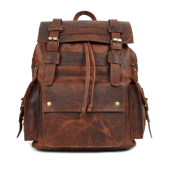 Brown leather backpack on a white background
