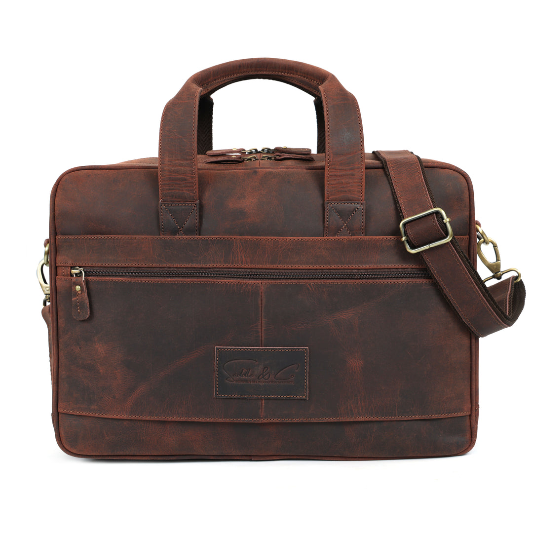 Brown leather briefcase with a strap on a white background