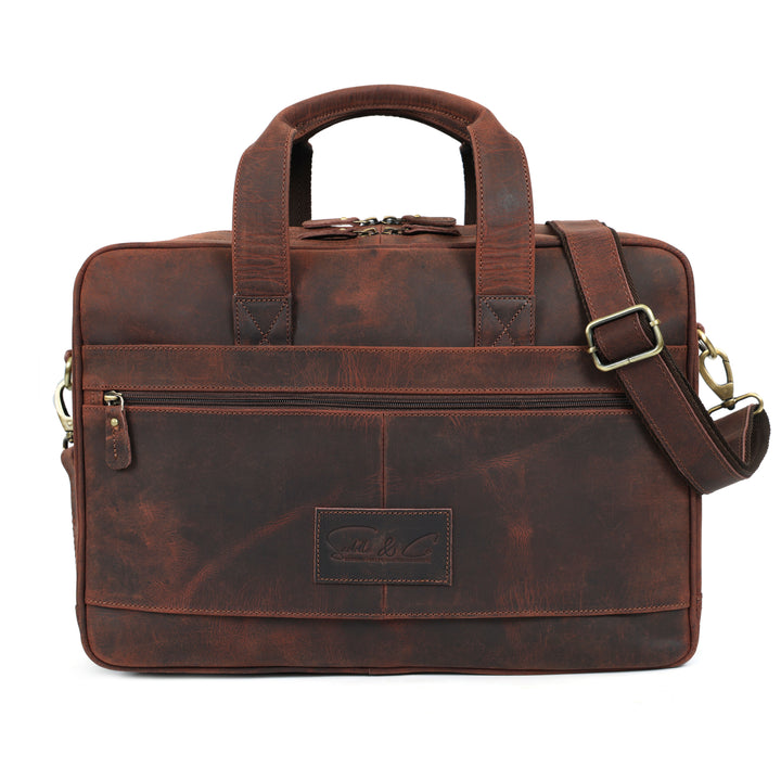 Brown leather briefcase with a strap on a white background