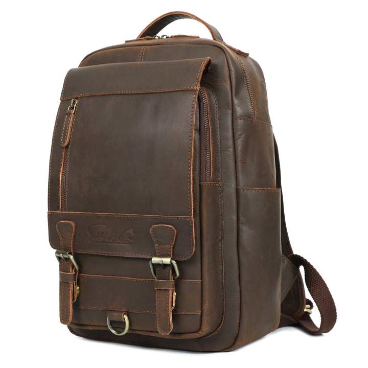 Brown leather backpack on a white background