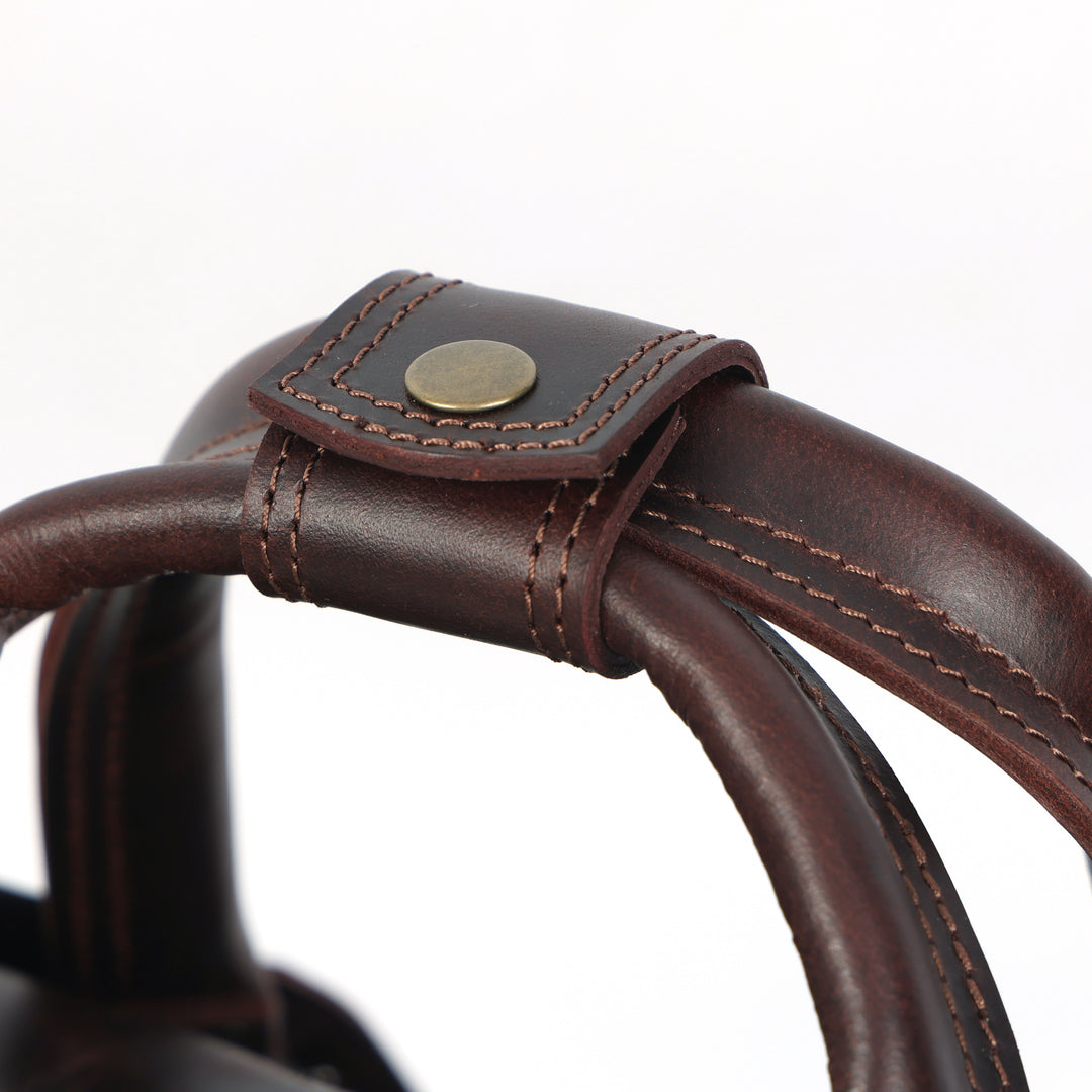 Close-up of a brown leather handle with stitching detail on a white background