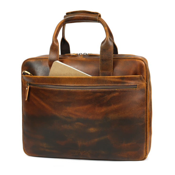 Brown leather briefcase with a visible brand logo on a white background