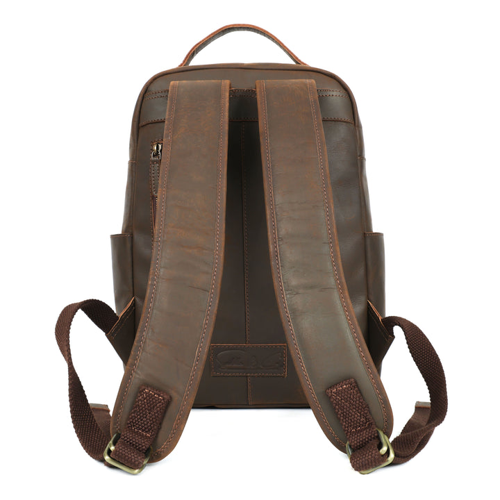 Brown leather backpack with visible stitching on a white background