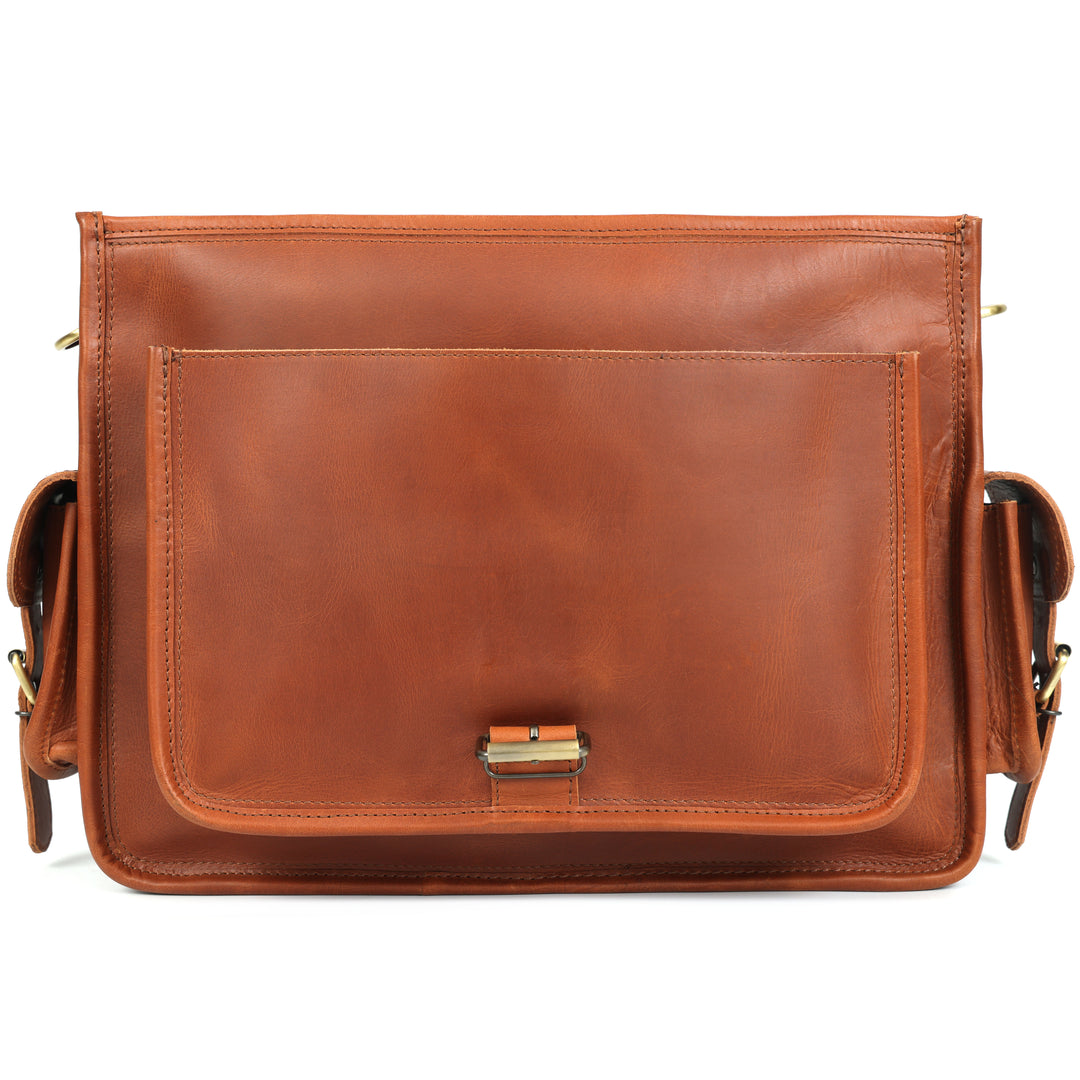 Brown leather satchel bag on a white background
