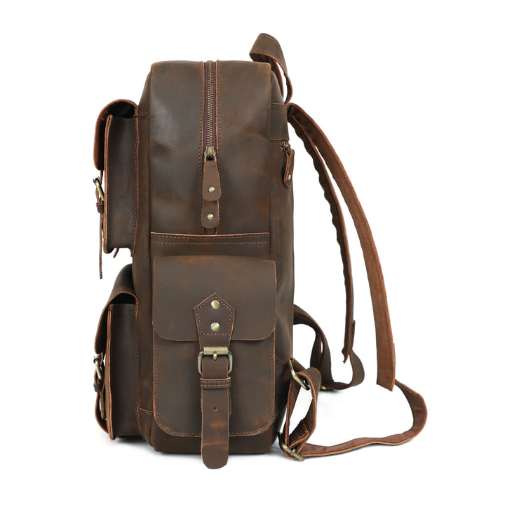 Brown leather backpack on a white background