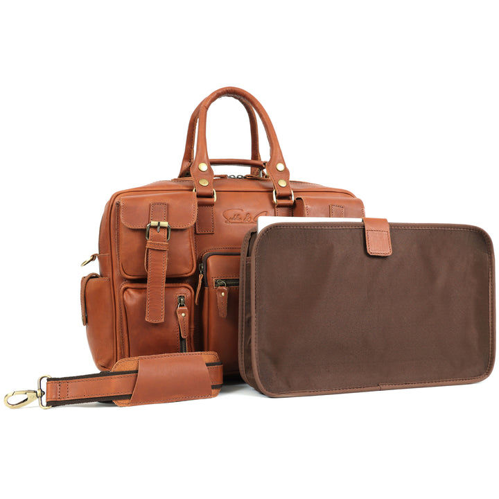 Brown leather briefcase and pouch on a white background
