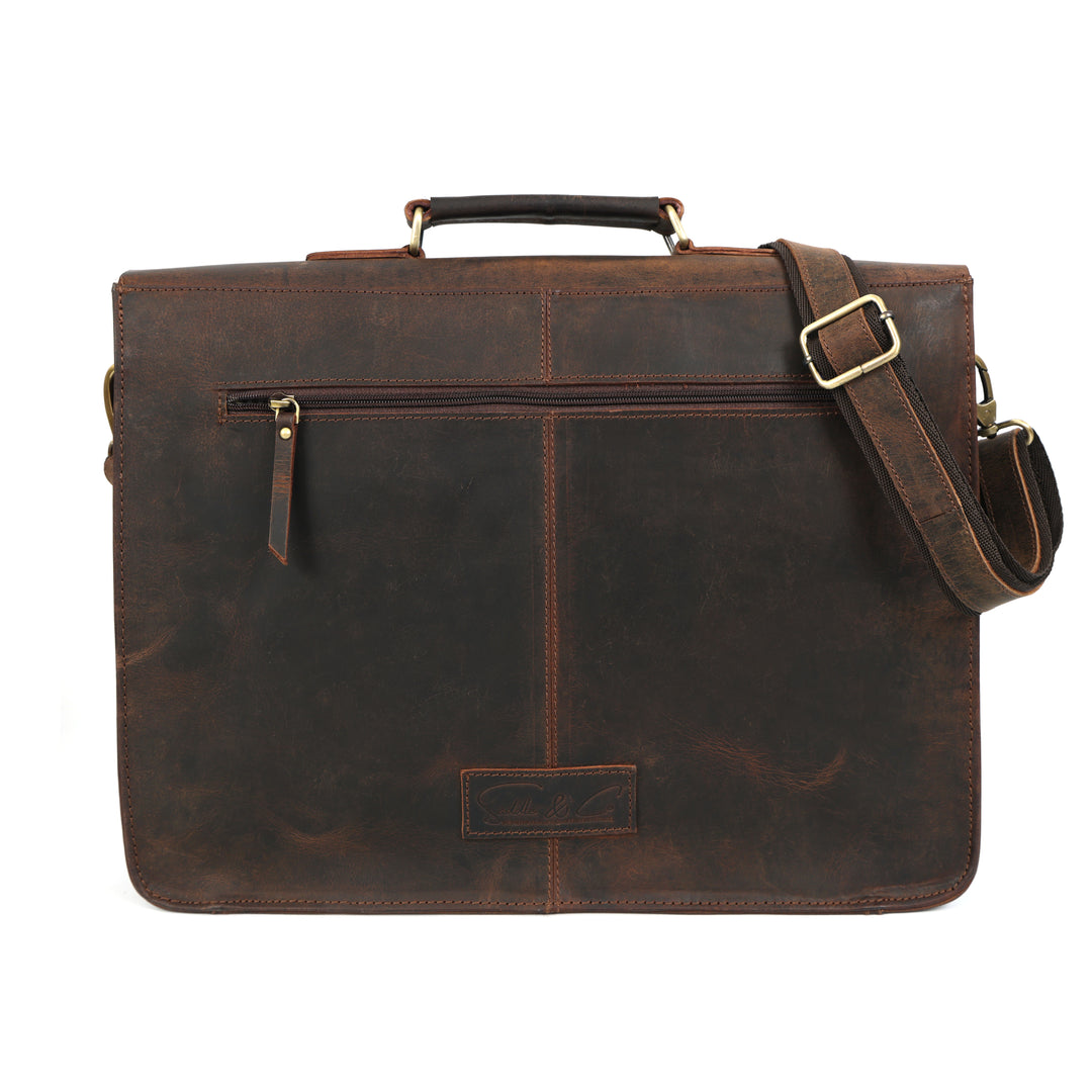 Brown leather briefcase with a shoulder strap on a white background