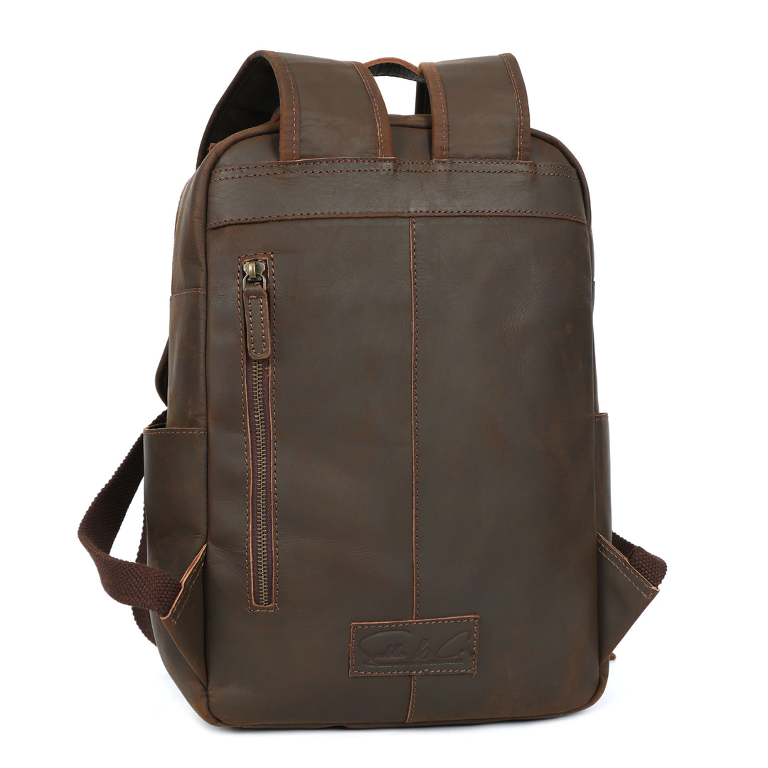 Brown leather backpack on a white background