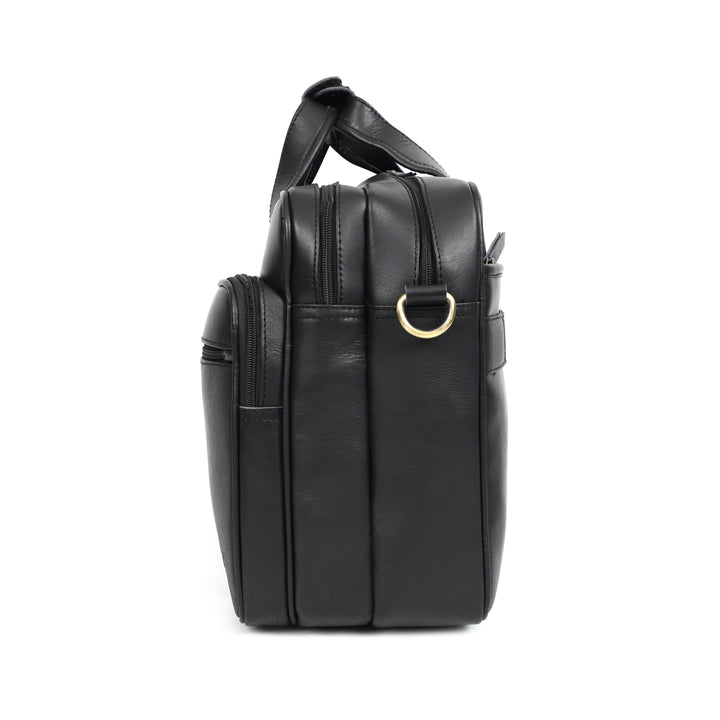 Black leather bag with a gold buckle on a white background